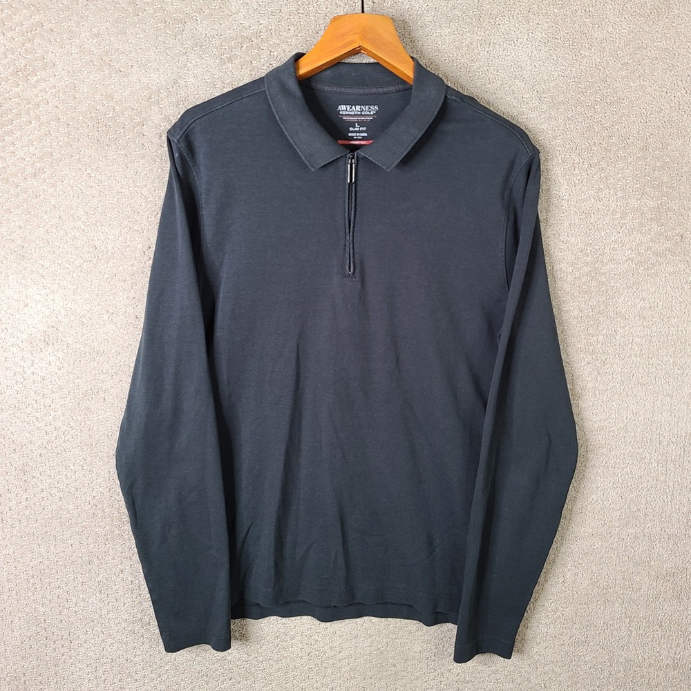 Awearness Kenneth Cole Shirt Men L Black Slim Fit Quarter Zip Cotton Long Sleeve